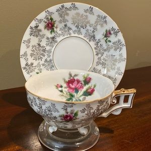 Vintage Purple and Silver Floral Teacup and Saucer Set